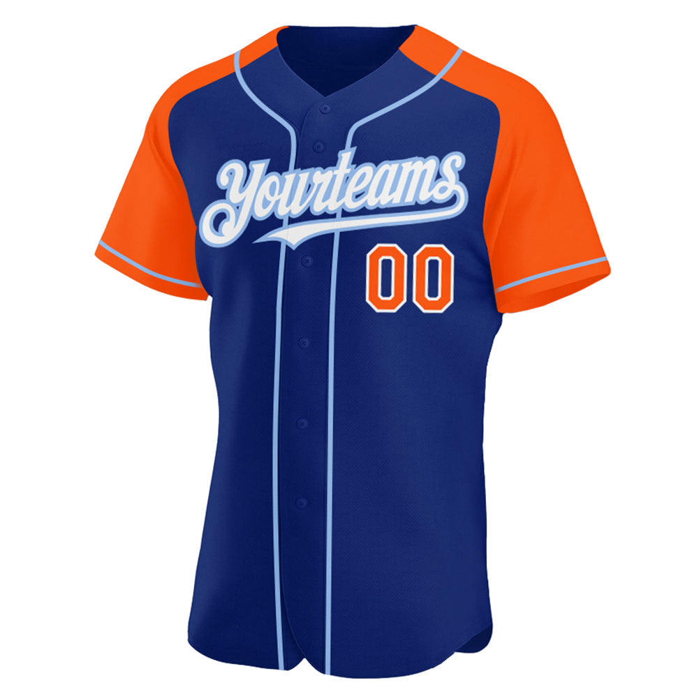 Custom Royal Orange-Light Blue Authentic Raglan Sleeves Baseball Jersey view 2