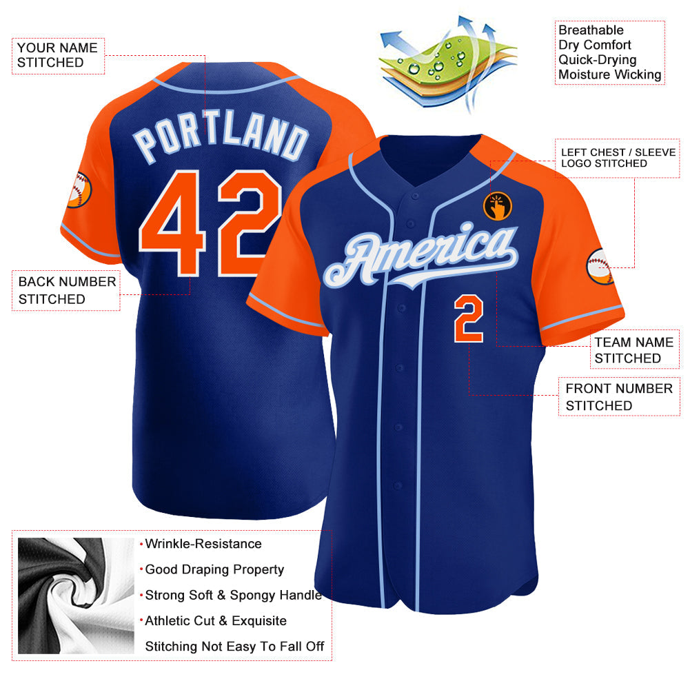 Custom Royal Orange-Light Blue Authentic Raglan Sleeves Baseball Jersey view 3