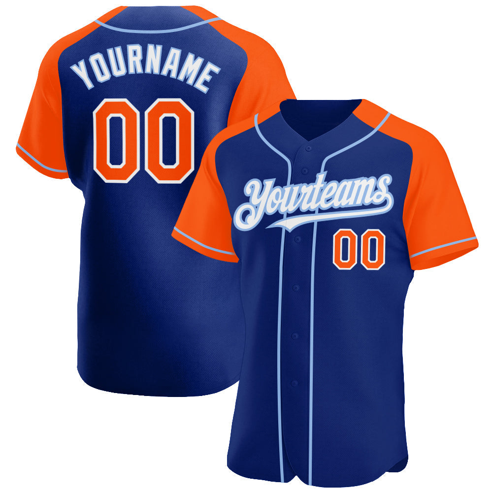 Custom Royal Orange-Light Blue Authentic Raglan Sleeves Baseball Jersey - Main View