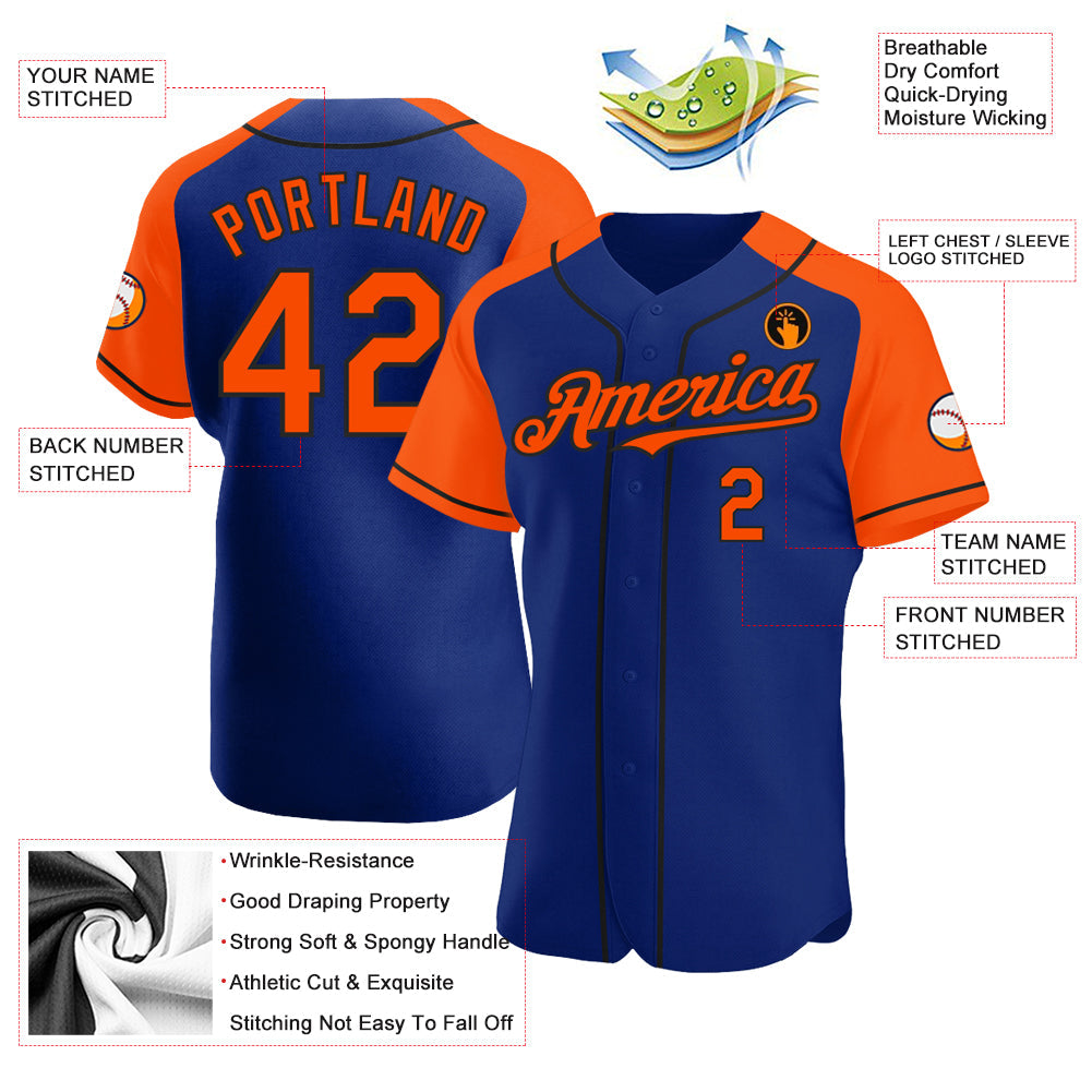 Custom Royal Orange-Black Authentic Raglan Sleeves Baseball Jersey view 3
