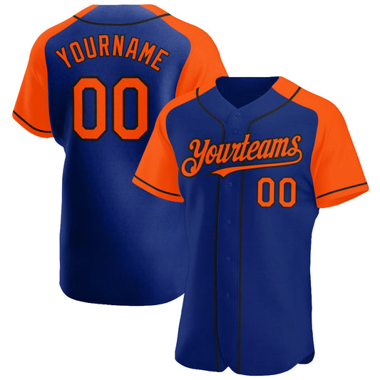 Custom Royal Orange-Black Authentic Raglan Sleeves Baseball Jersey - Main View