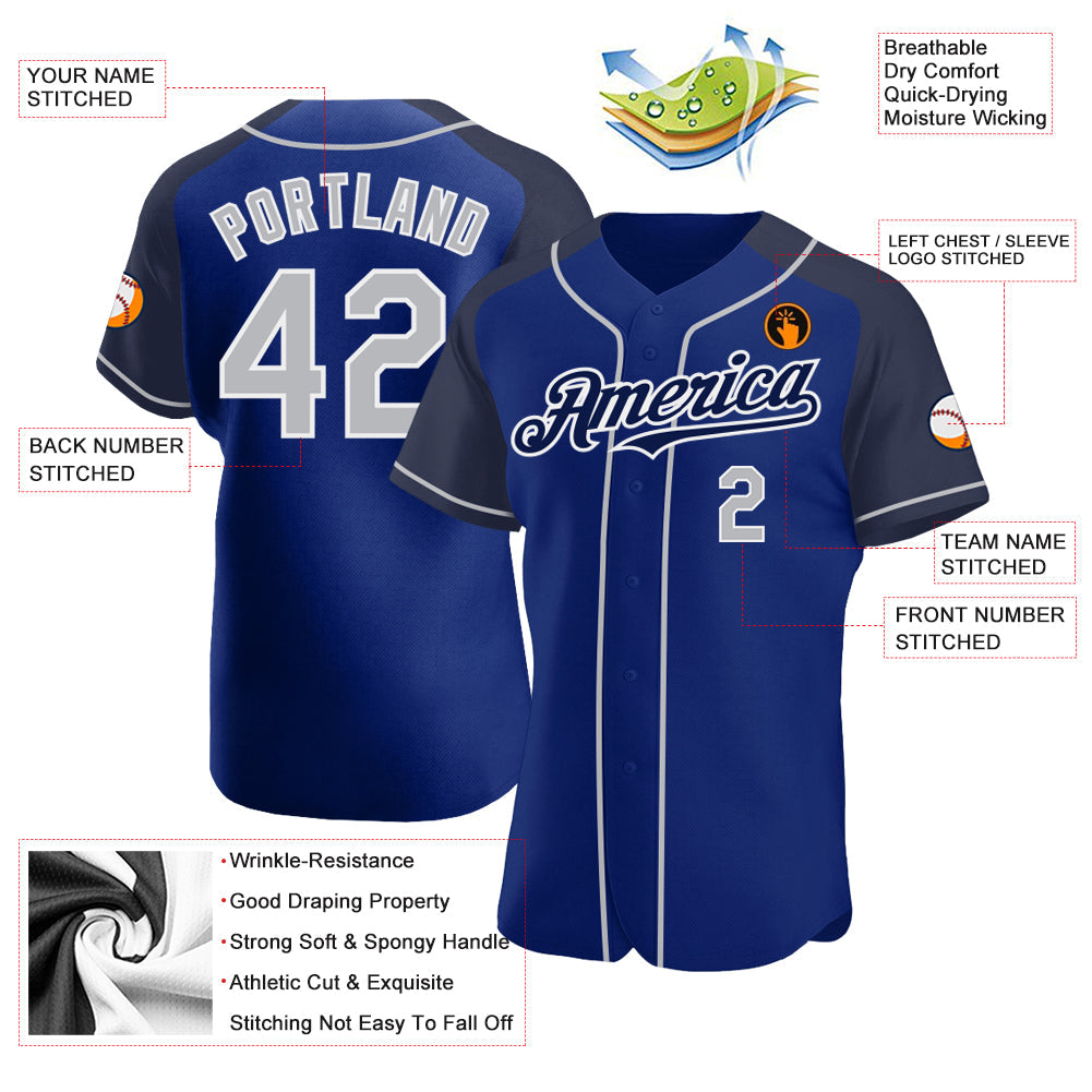 Custom Royal Gray-Navy Authentic Raglan Sleeves Baseball Jersey view 3