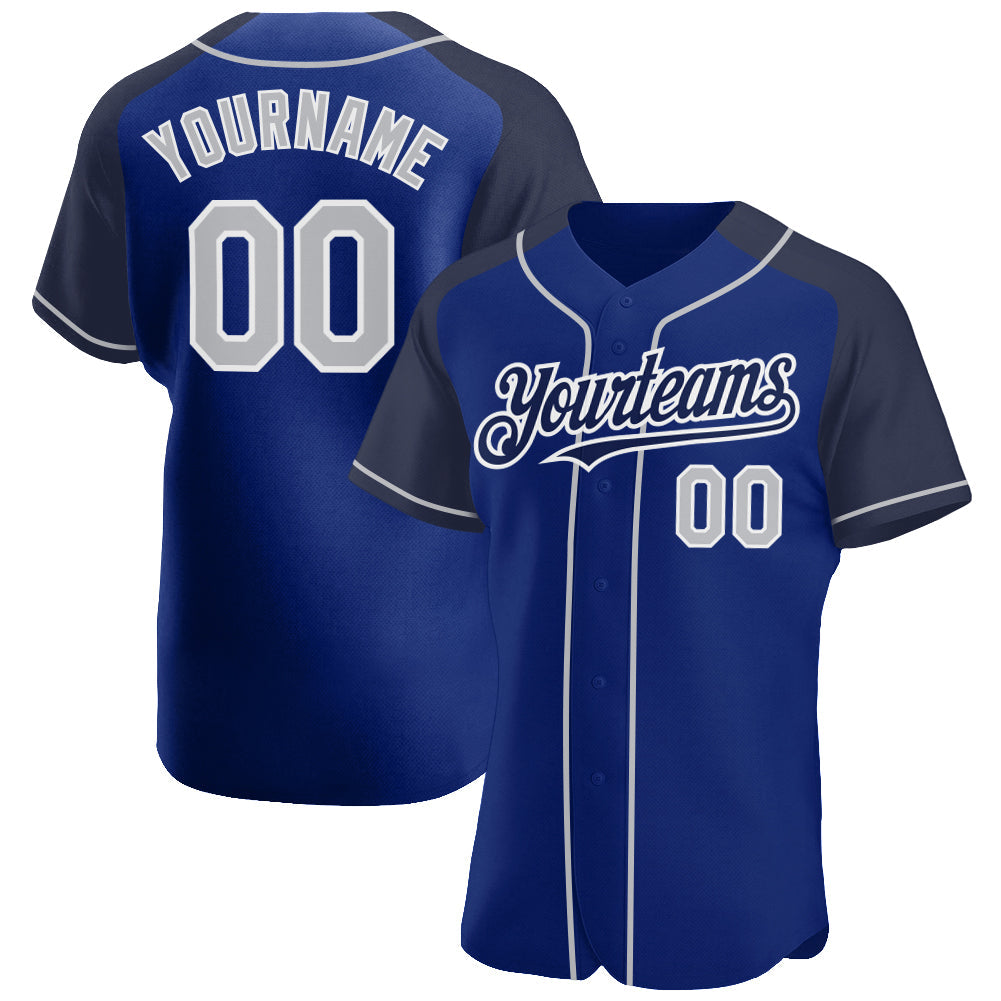 Custom Royal Gray-Navy Authentic Raglan Sleeves Baseball Jersey - Main View