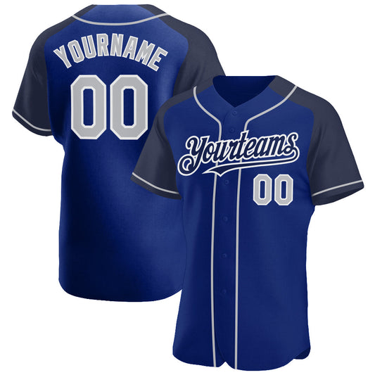 Custom Royal Gray-Navy Authentic Raglan Sleeves Baseball Jersey - Main View