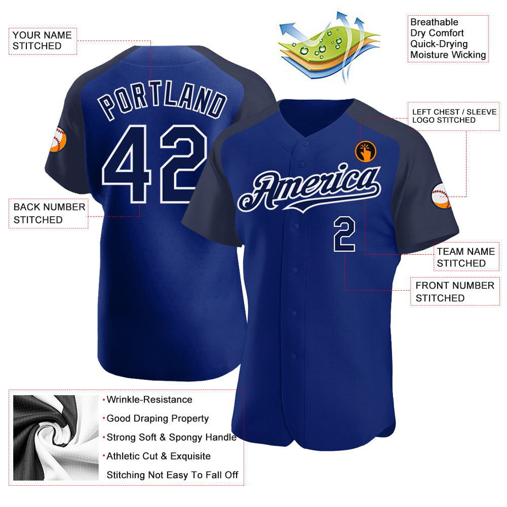 Custom Royal Navy-White Authentic Raglan Sleeves Baseball Jersey view 3