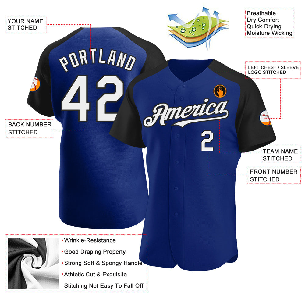 Custom Royal White-Black Authentic Raglan Sleeves Baseball Jersey view 3
