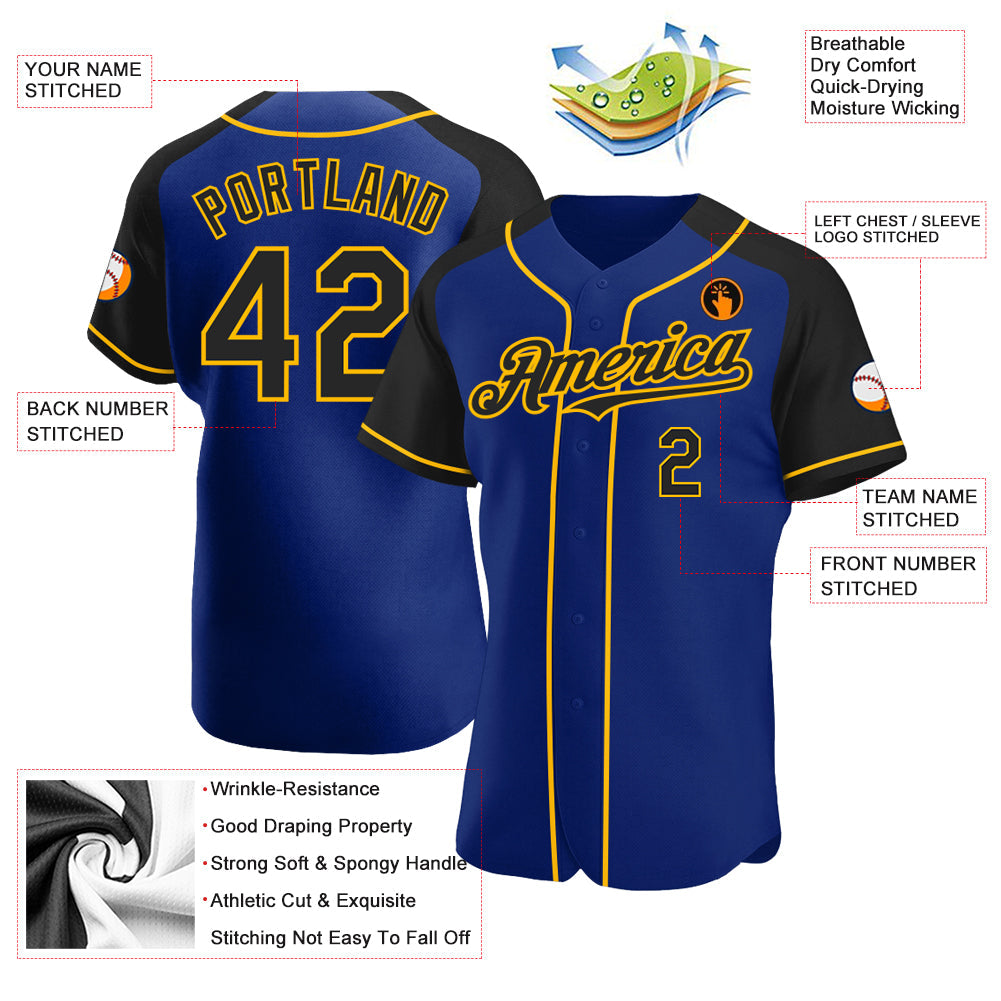 Custom Royal Black-Gold Authentic Raglan Sleeves Baseball Jersey view 3