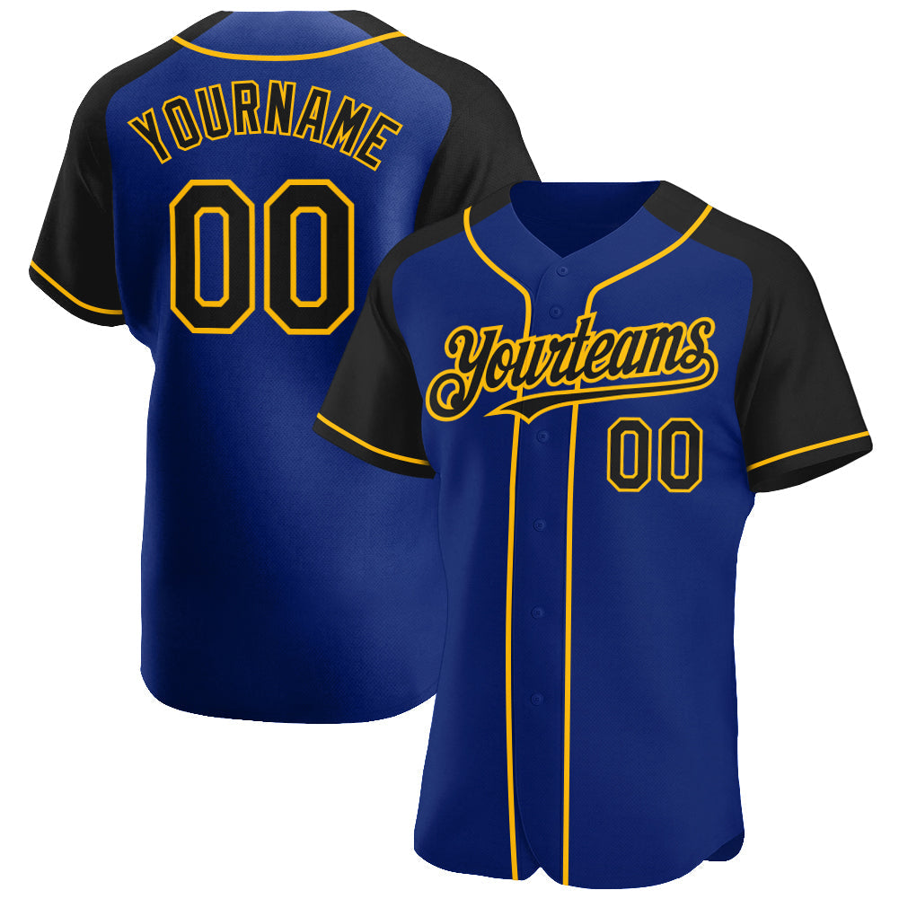 Custom Royal Black-Gold Authentic Raglan Sleeves Baseball Jersey - Main View