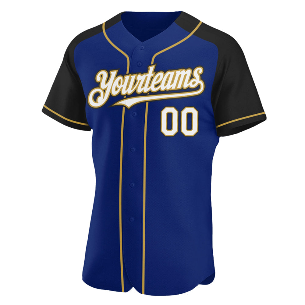 Custom Royal White Black-Old Gold Authentic Raglan Sleeves Baseball Jersey view 2