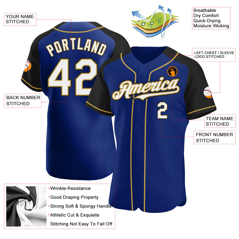 Custom Royal White Black-Old Gold Authentic Raglan Sleeves Baseball Jersey view 3