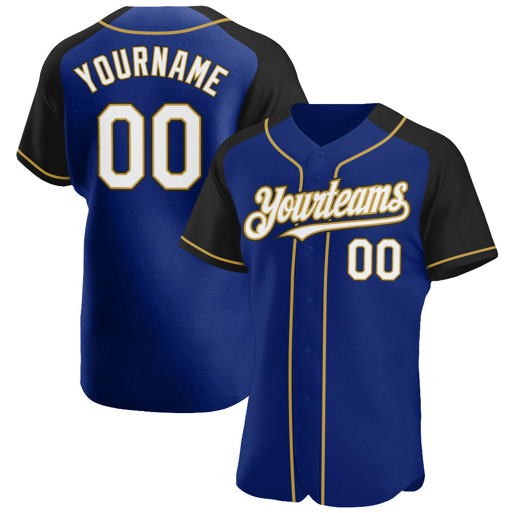 Custom Royal White Black-Old Gold Authentic Raglan Sleeves Baseball Jersey - Main View
