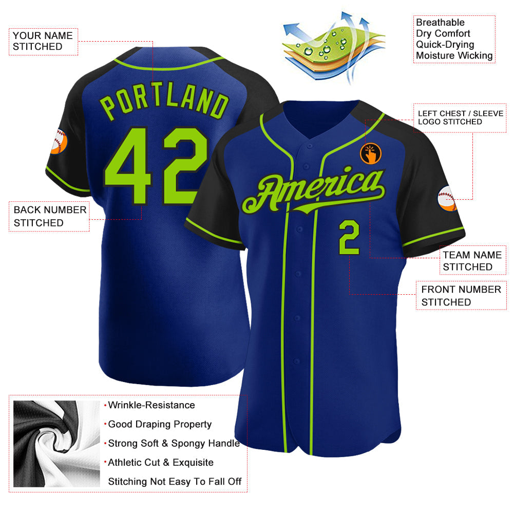 Custom Royal Neon Green-Black Authentic Raglan Sleeves Baseball Jersey view 3
