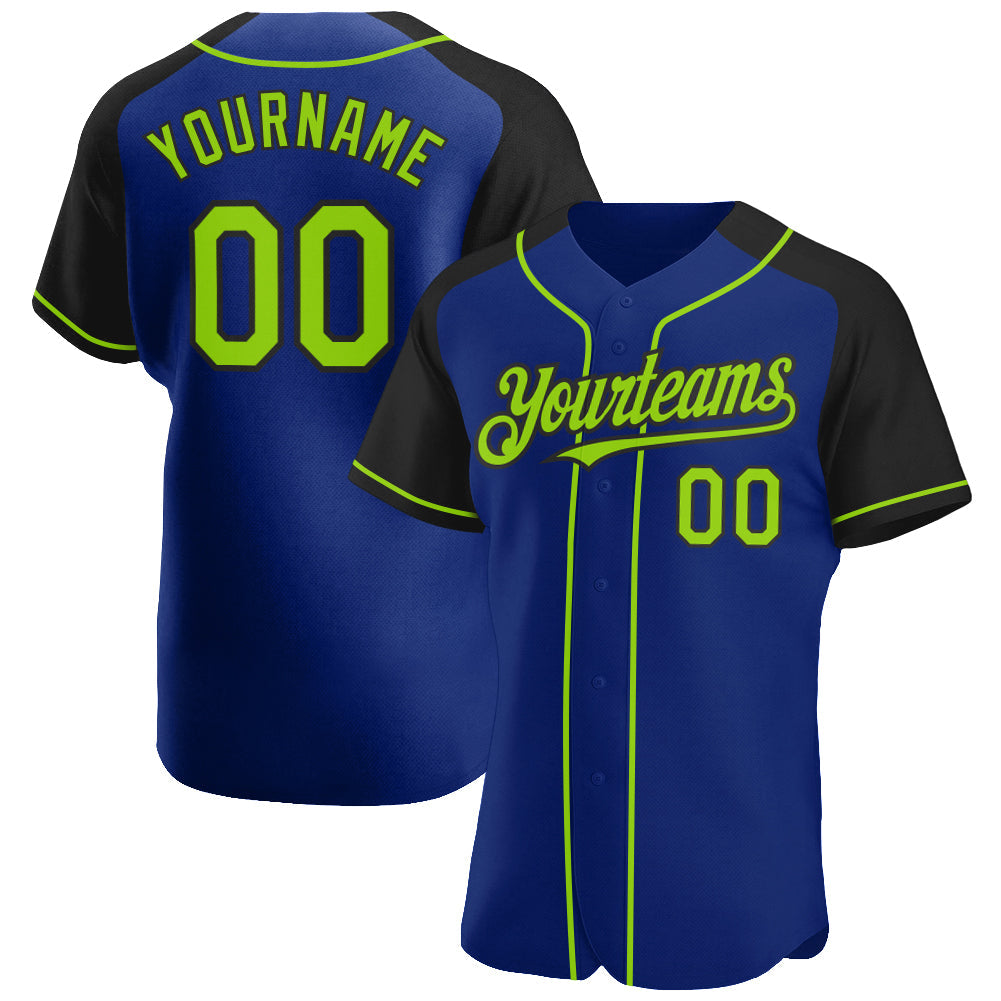Custom Royal Neon Green-Black Authentic Raglan Sleeves Baseball Jersey - Main View