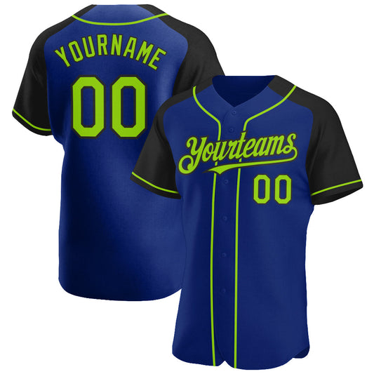 Custom Royal Neon Green-Black Authentic Raglan Sleeves Baseball Jersey - Main View