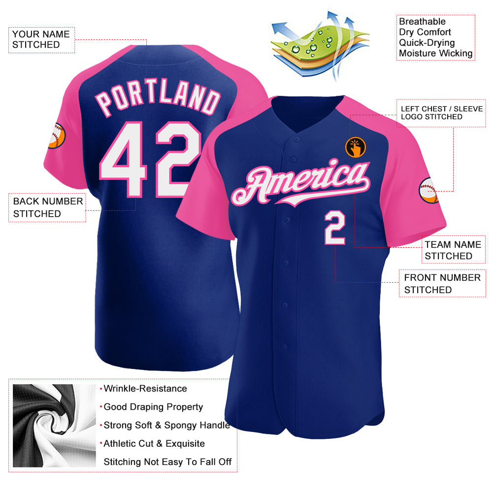 Custom Royal White-Pink Authentic Raglan Sleeves Baseball Jersey view 3