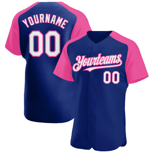 Custom Royal White-Pink Authentic Raglan Sleeves Baseball Jersey - Main View
