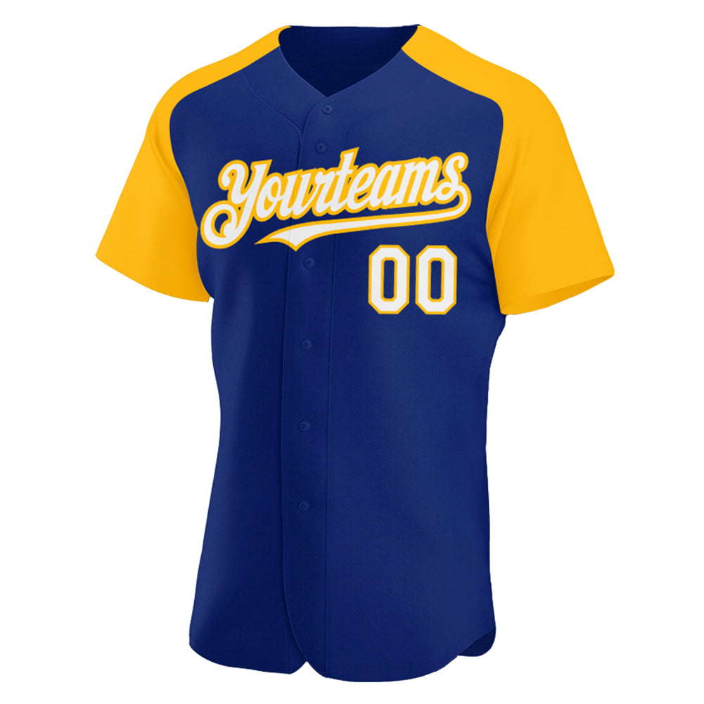 Custom Royal White-Gold Authentic Raglan Sleeves Baseball Jersey view 2