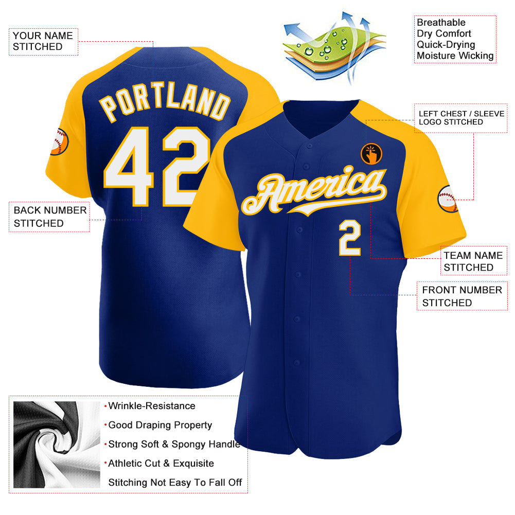 Custom Royal White-Gold Authentic Raglan Sleeves Baseball Jersey view 3
