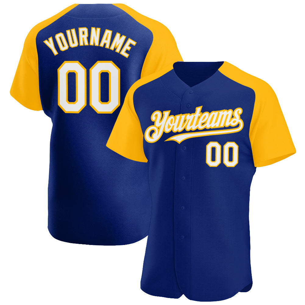 Custom Royal White-Gold Authentic Raglan Sleeves Baseball Jersey - Main View