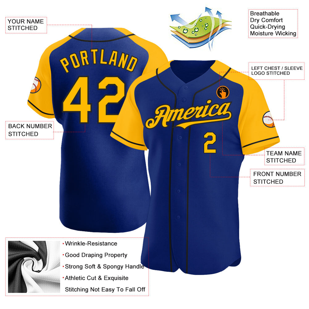 Custom Royal Gold-Black Authentic Raglan Sleeves Baseball Jersey view 3