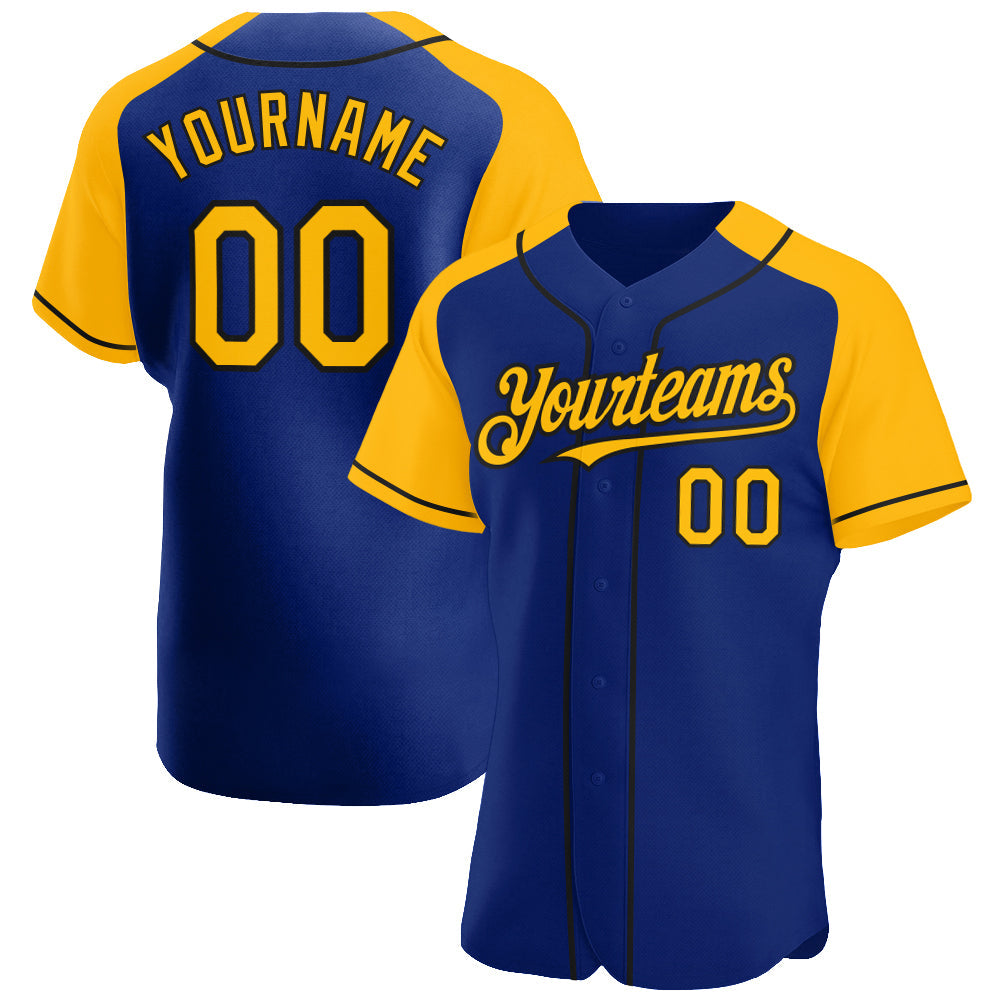 Custom Royal Gold-Black Authentic Raglan Sleeves Baseball Jersey - Main View