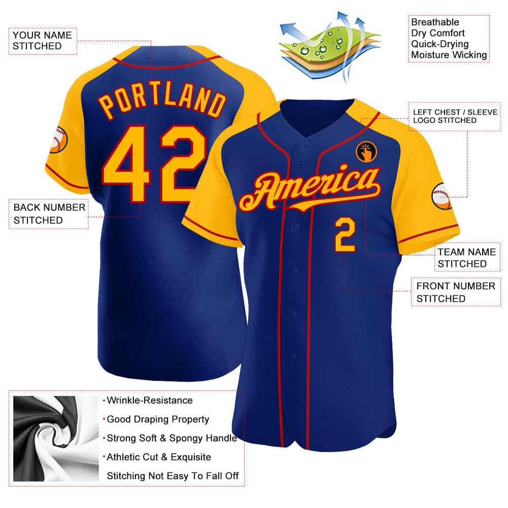 Custom Royal Gold-Red Authentic Raglan Sleeves Baseball Jersey view 3