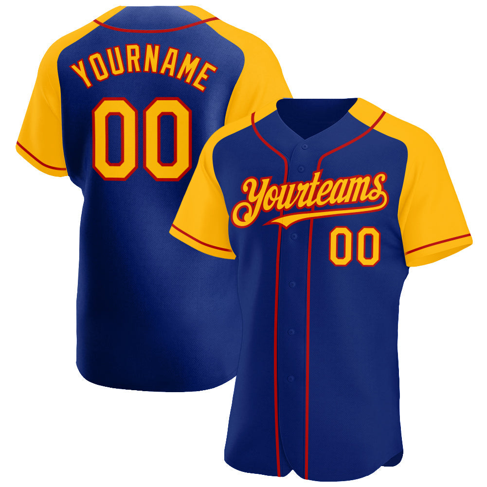 Custom Royal Gold-Red Authentic Raglan Sleeves Baseball Jersey - Main View