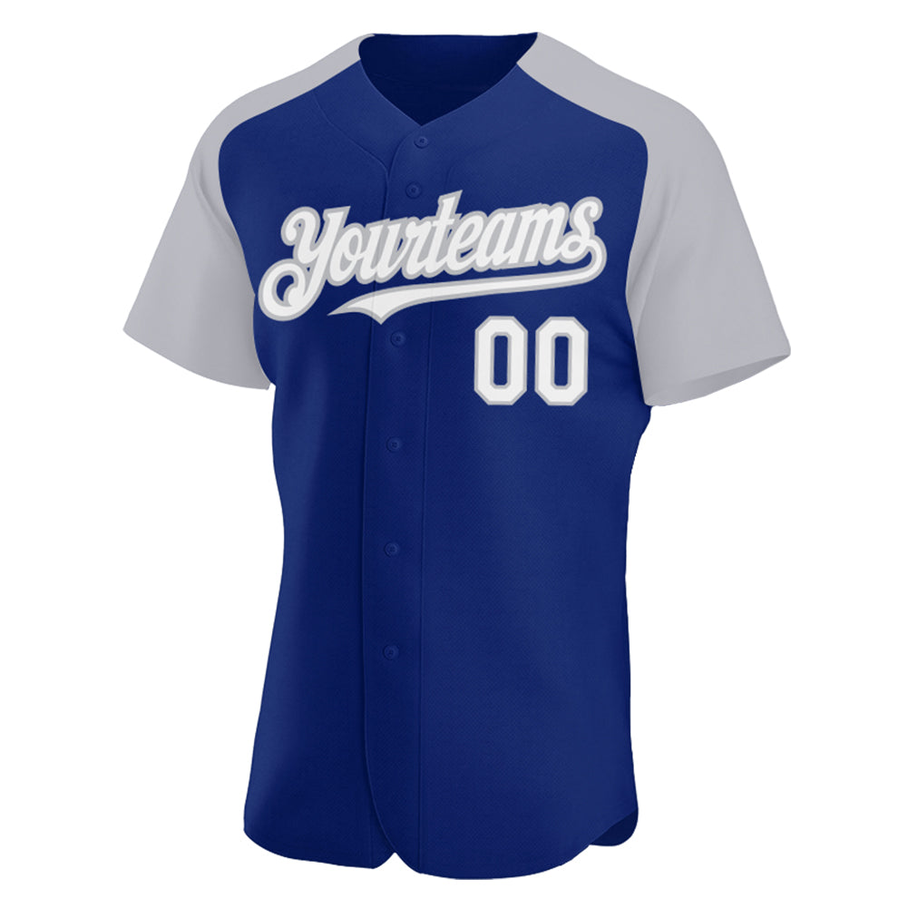 Custom Royal White-Gray Authentic Raglan Sleeves Baseball Jersey view 2