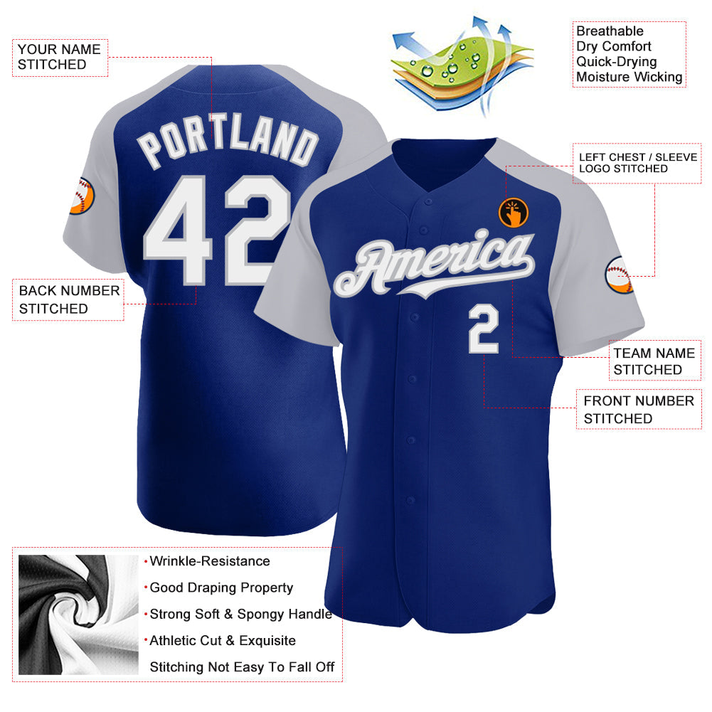 Custom Royal White-Gray Authentic Raglan Sleeves Baseball Jersey view 3