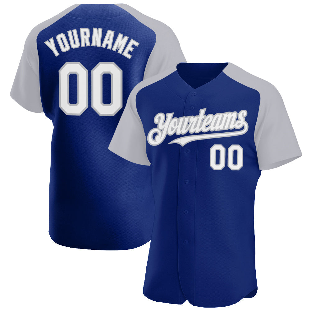 Custom Royal White-Gray Authentic Raglan Sleeves Baseball Jersey - Main View
