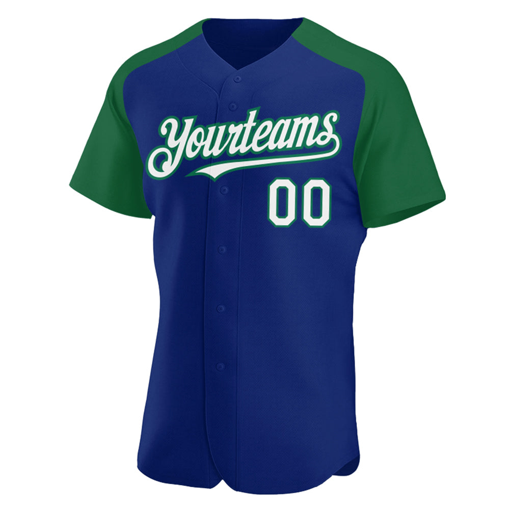 Custom Royal White-Kelly Green Authentic Raglan Sleeves Baseball Jersey view 2