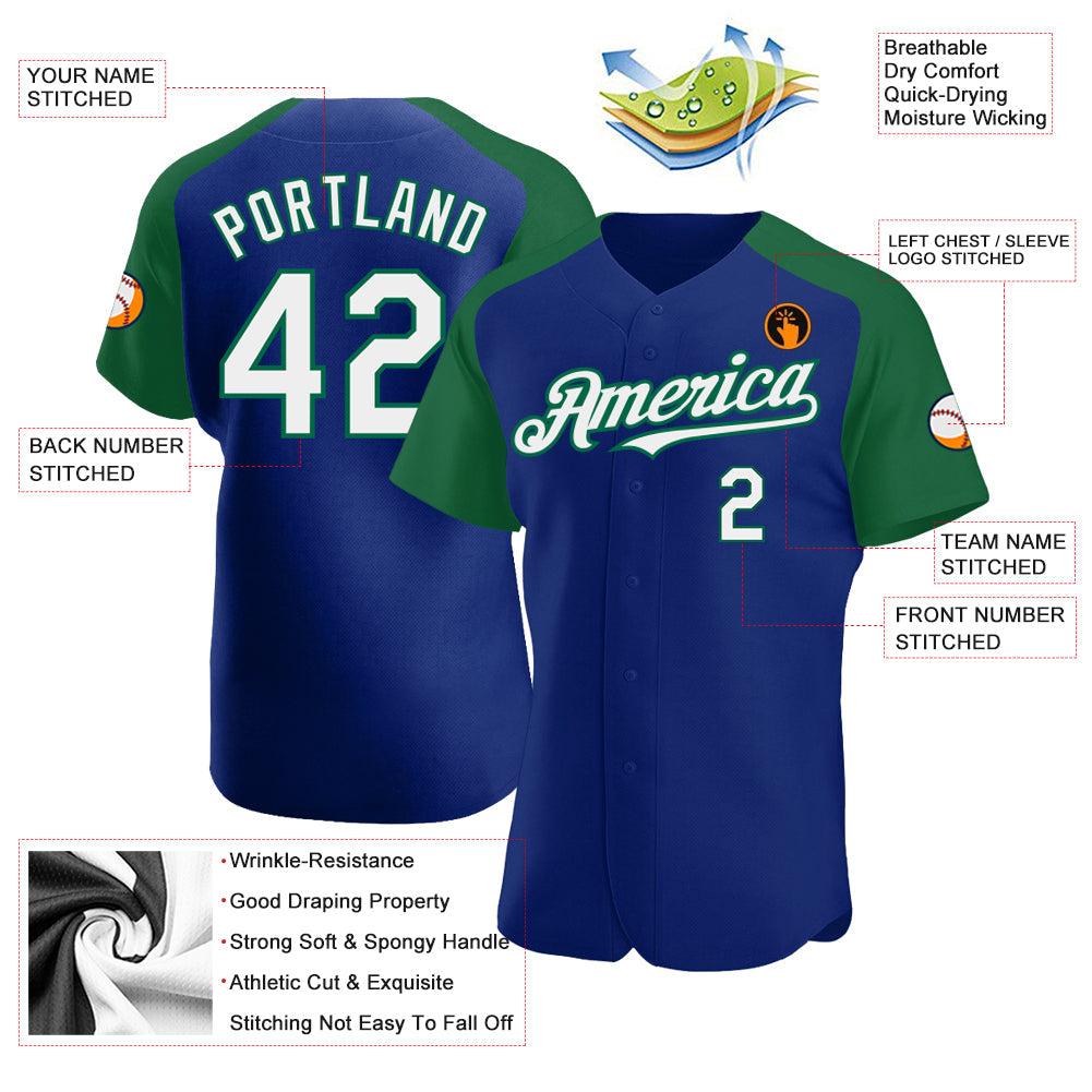 Custom Royal White-Kelly Green Authentic Raglan Sleeves Baseball Jersey view 3