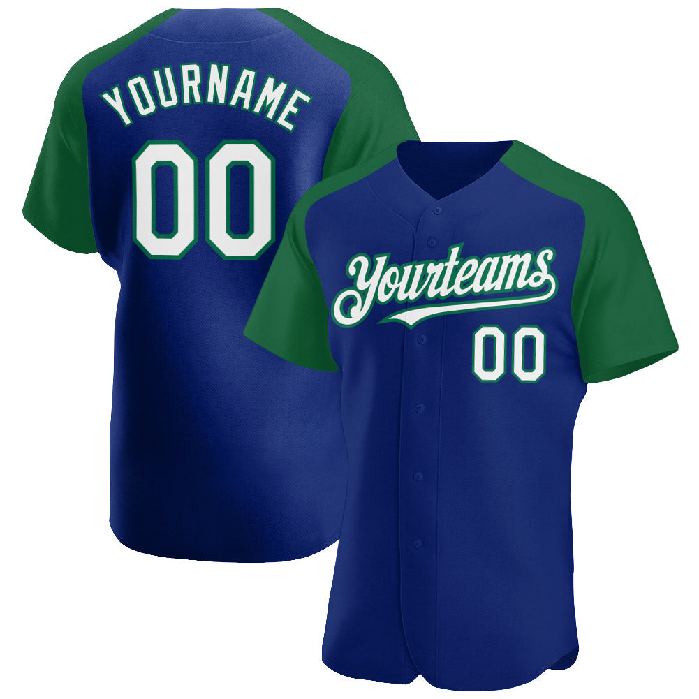 Custom Royal White-Kelly Green Authentic Raglan Sleeves Baseball Jersey - Main View