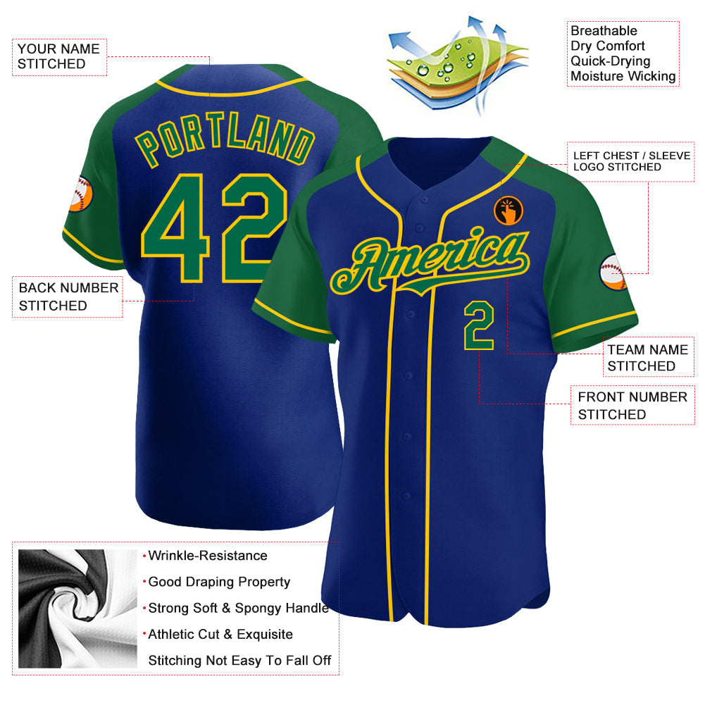 Custom Royal Kelly Green-Yellow Authentic Raglan Sleeves Baseball Jersey view 3