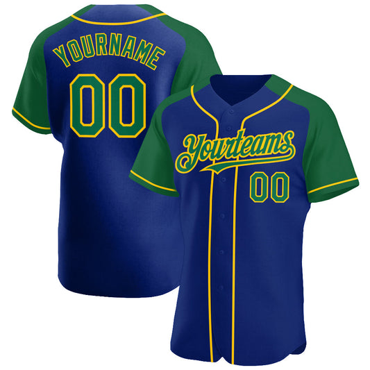 Custom Royal Kelly Green-Yellow Authentic Raglan Sleeves Baseball Jersey - Main View