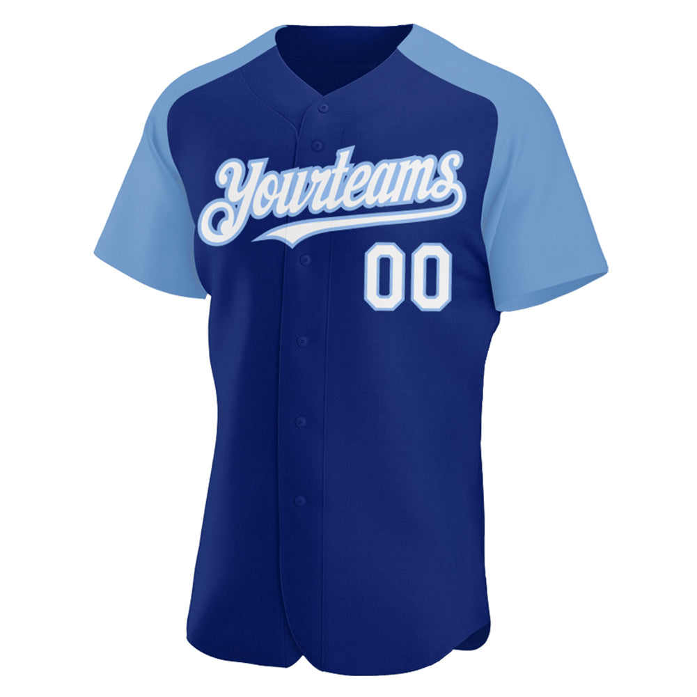Custom Royal White-Light Blue Authentic Raglan Sleeves Baseball Jersey view 2