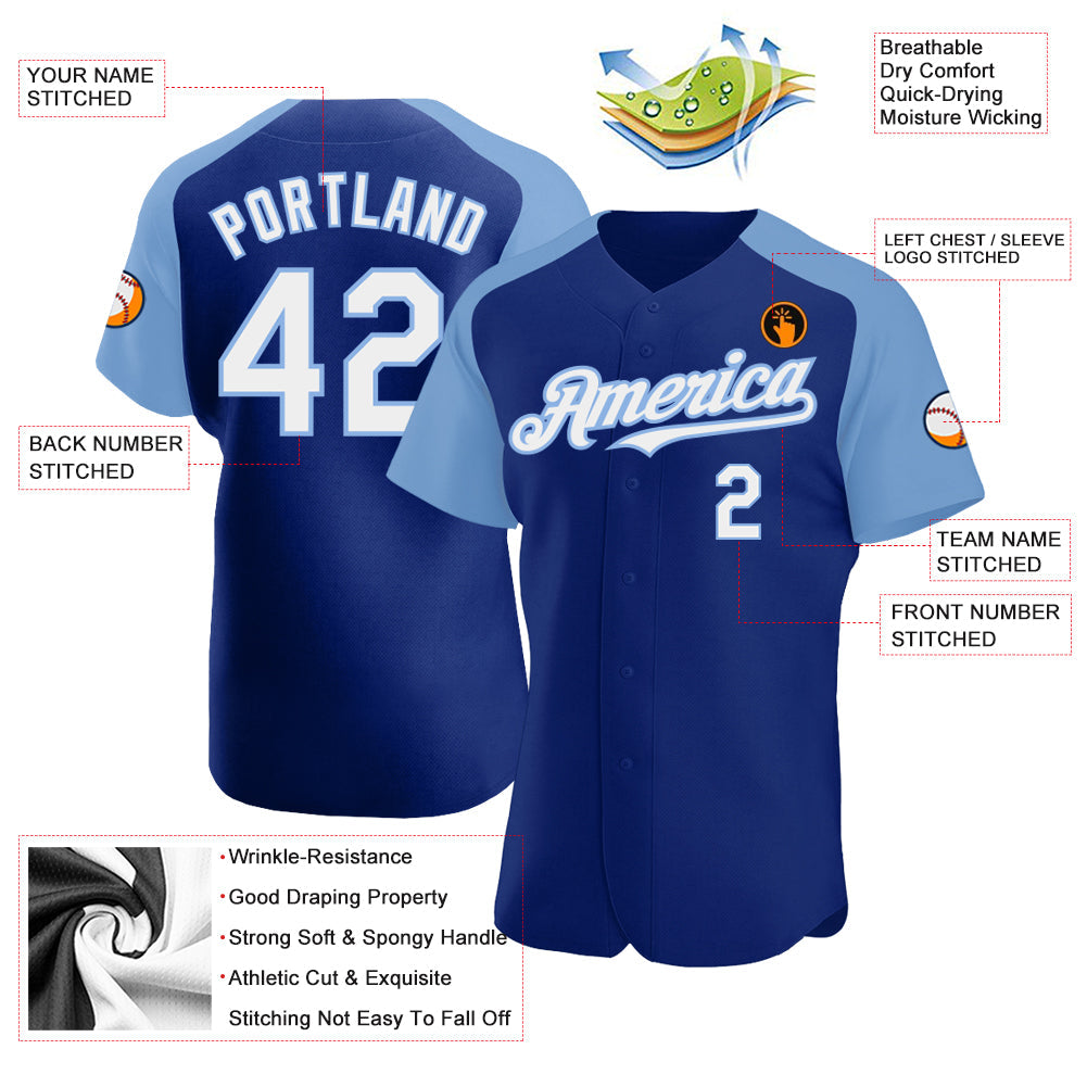 Custom Royal White-Light Blue Authentic Raglan Sleeves Baseball Jersey view 3