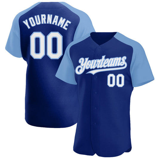 Custom Royal White-Light Blue Authentic Raglan Sleeves Baseball Jersey - Main View