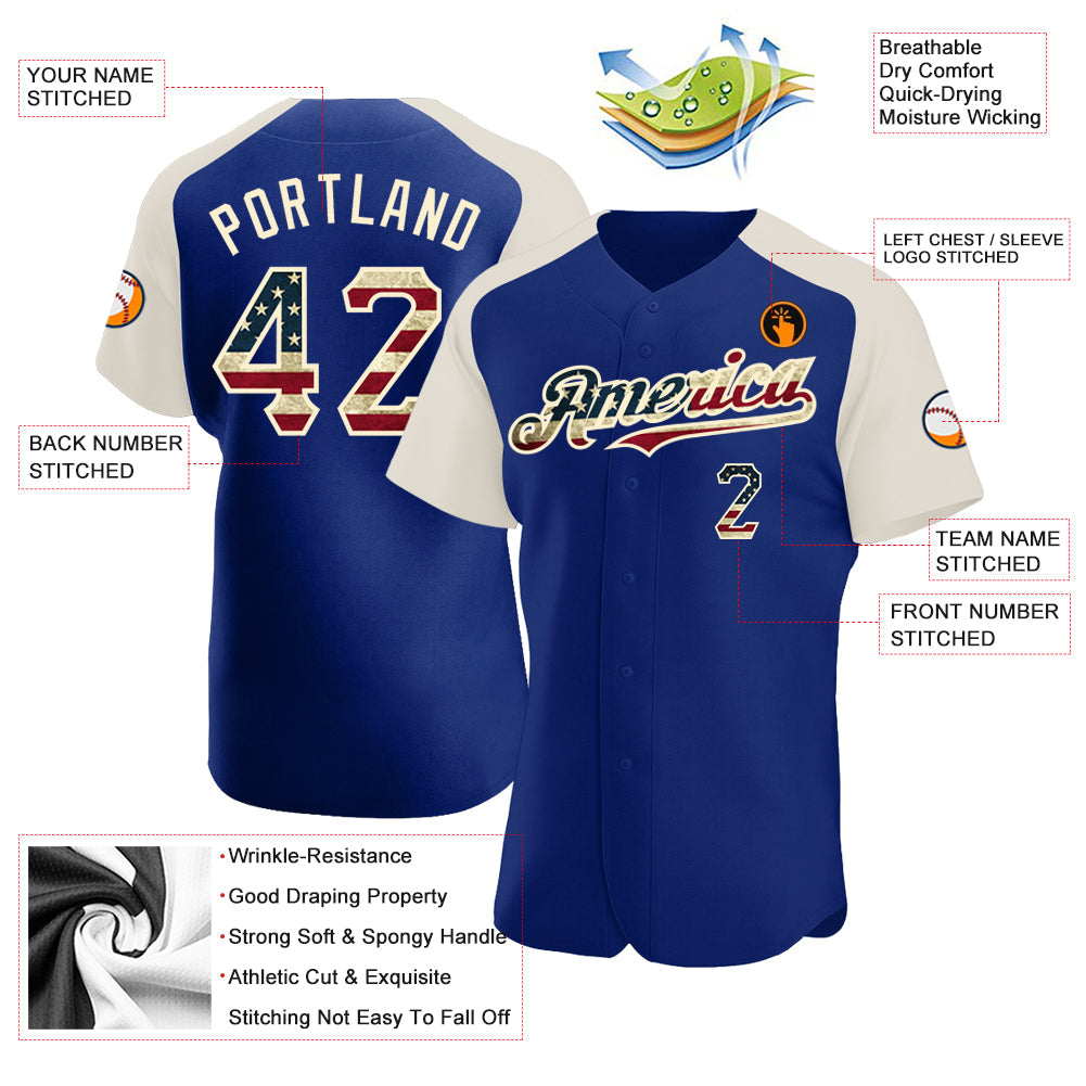 Custom Royal Vintage USA Flag-Cream Authentic Raglan Sleeves Baseball Jersey view 3