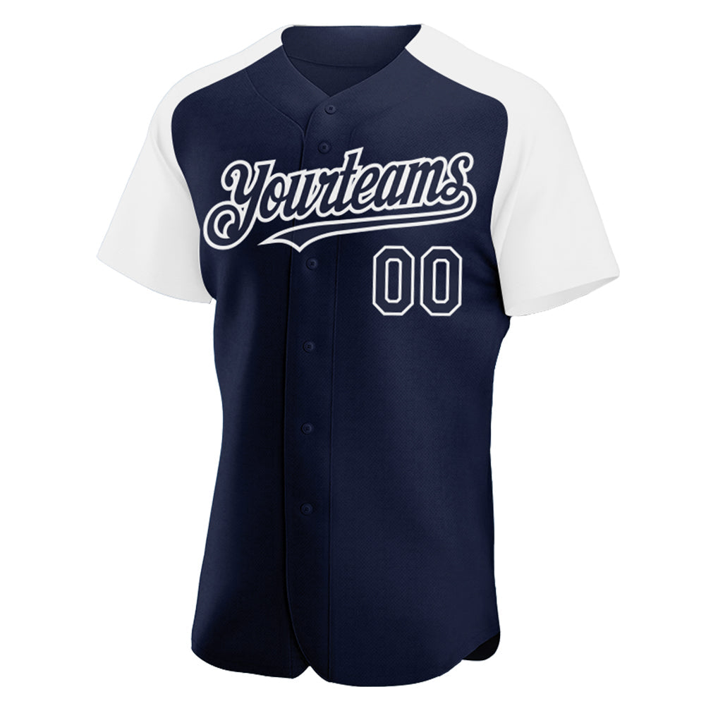 Custom Navy White Authentic Raglan Sleeves Baseball Jersey view 2