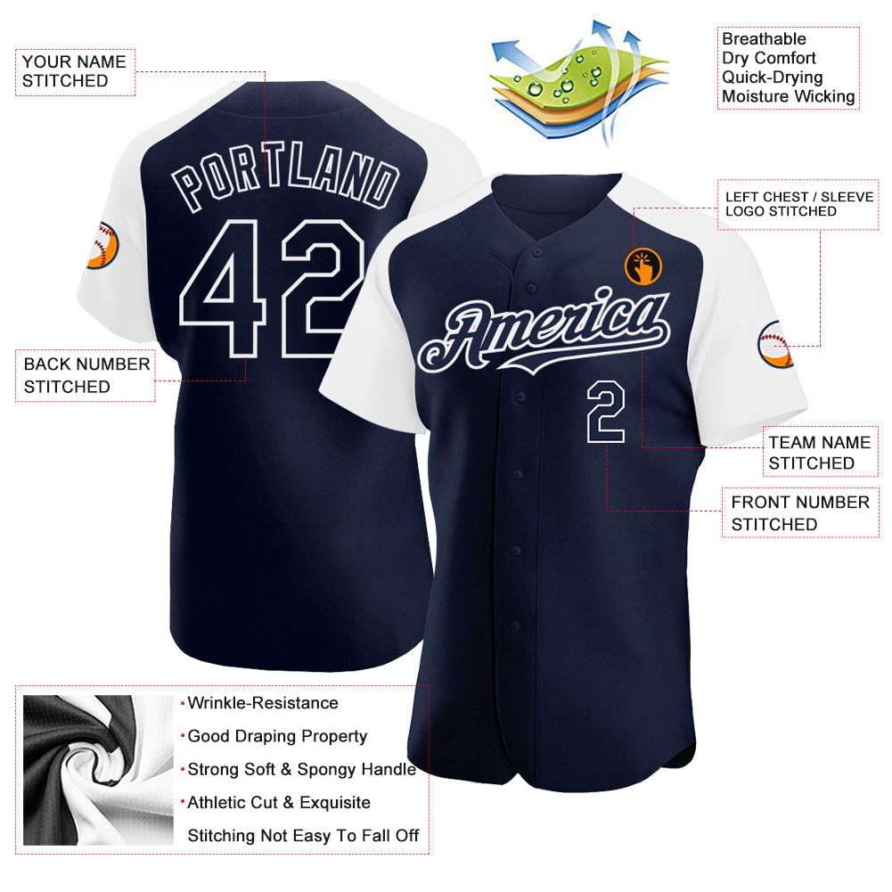 Custom Navy White Authentic Raglan Sleeves Baseball Jersey view 3