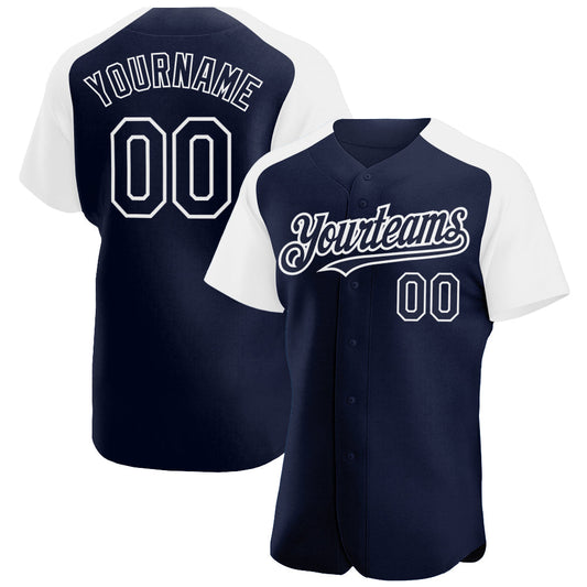 Custom Navy White Authentic Raglan Sleeves Baseball Jersey - Main View