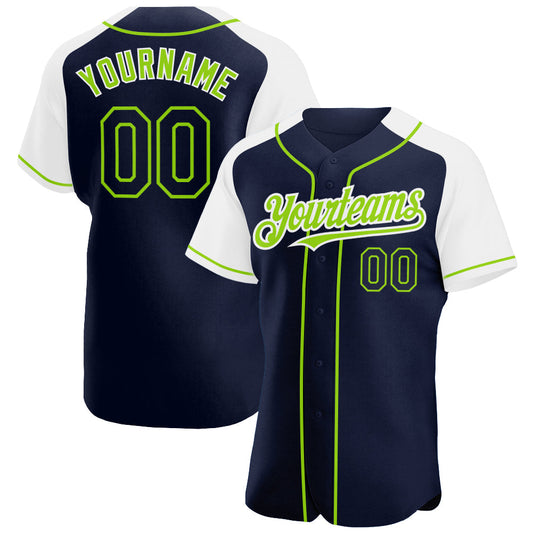 Custom Navy White-Neon Green Authentic Raglan Sleeves Baseball Jersey - Main View