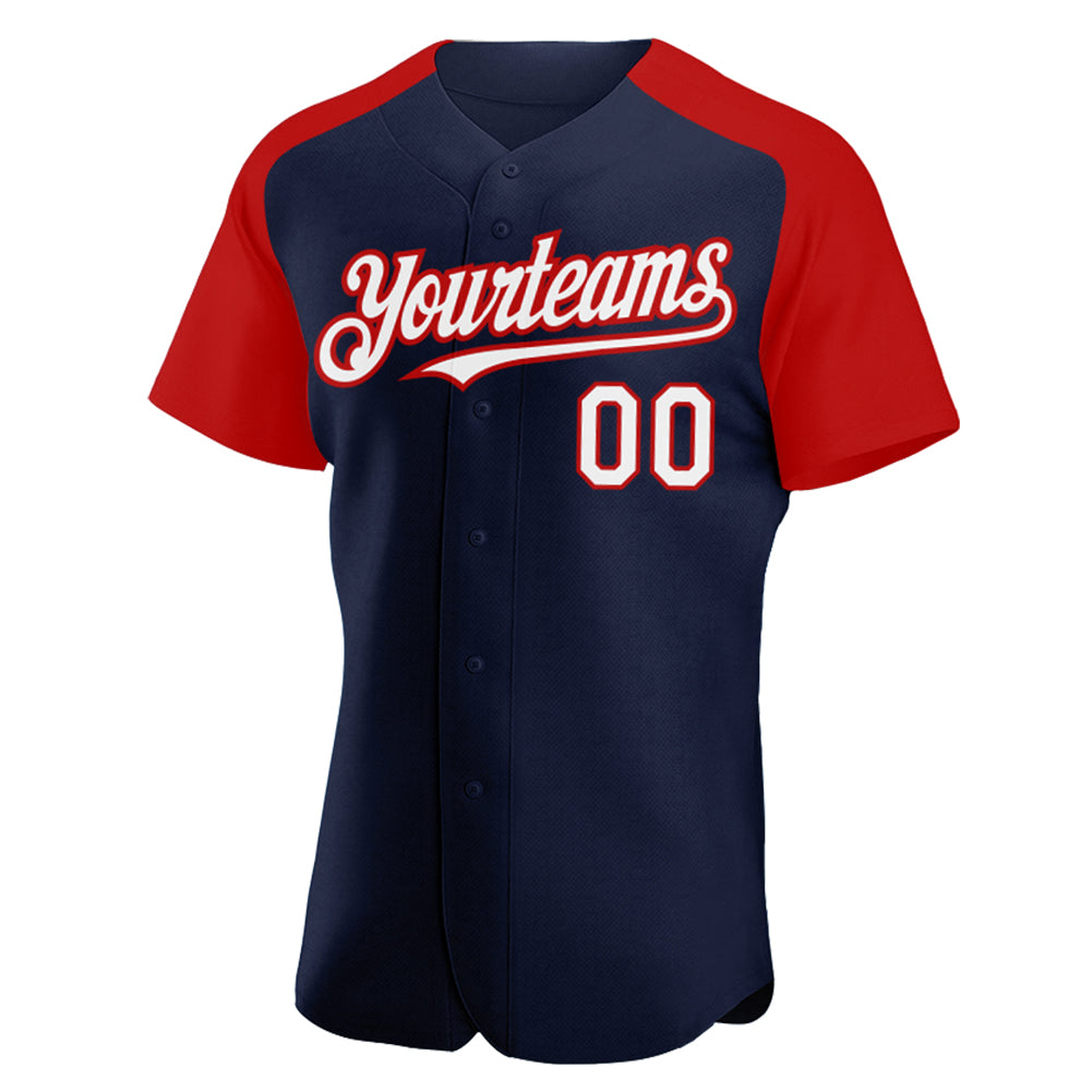 Custom Navy White-Red Authentic Raglan Sleeves Baseball Jersey view 2