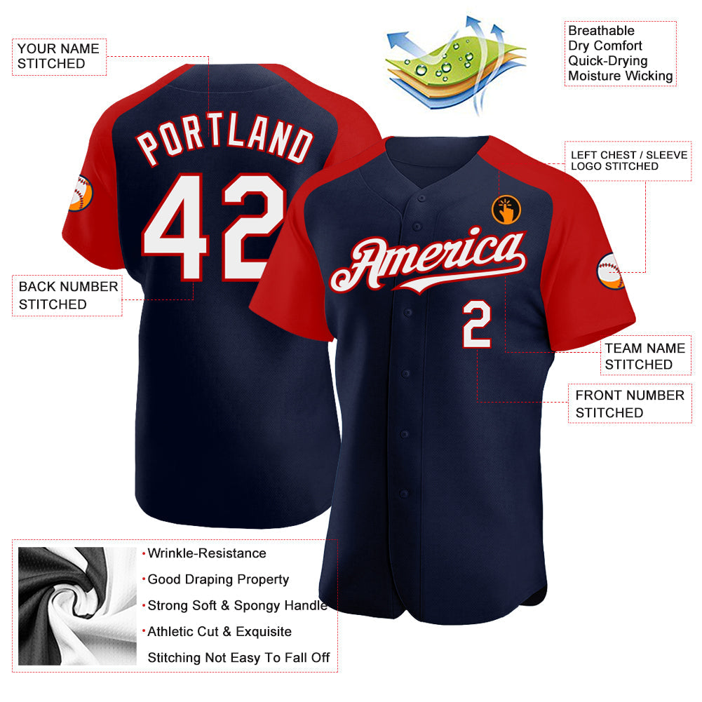 Custom Navy White-Red Authentic Raglan Sleeves Baseball Jersey view 3