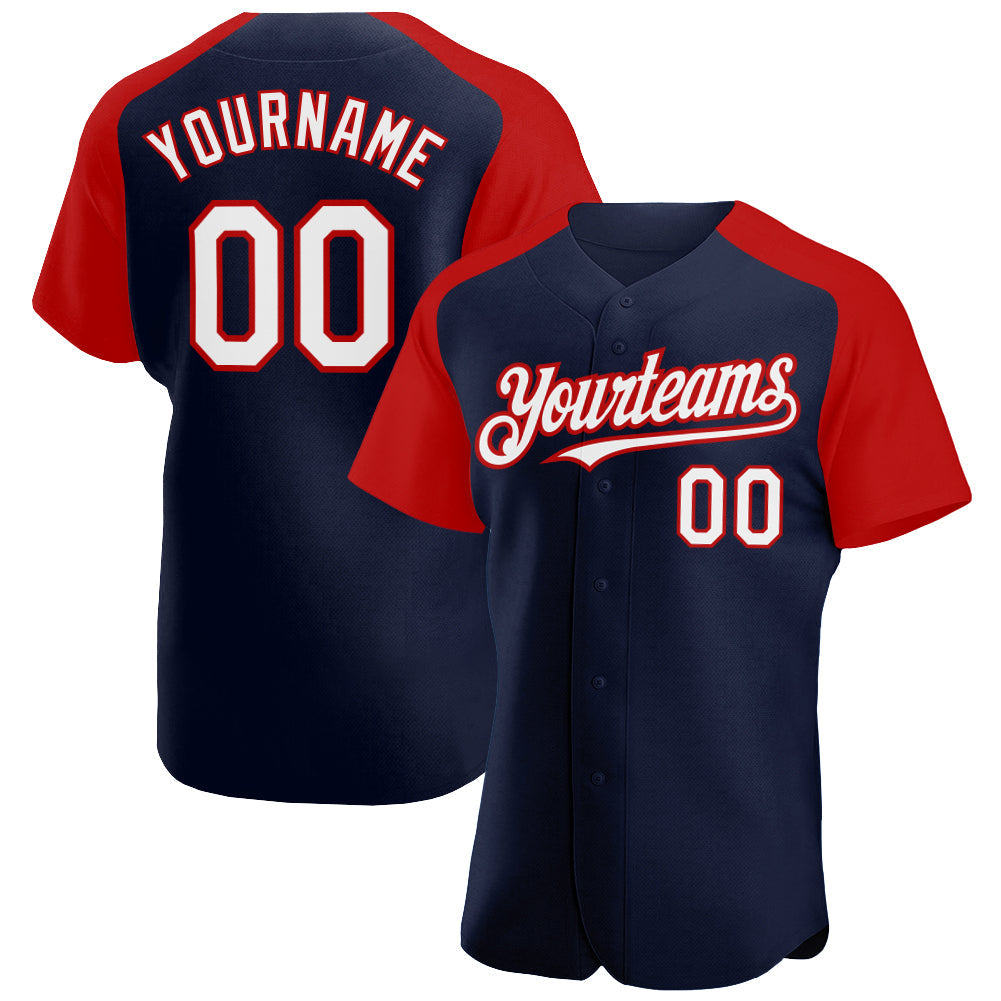 Custom Navy White-Red Authentic Raglan Sleeves Baseball Jersey - Main View