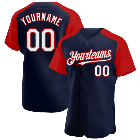 Custom Navy White-Red Authentic Raglan Sleeves Baseball Jersey - Main View
