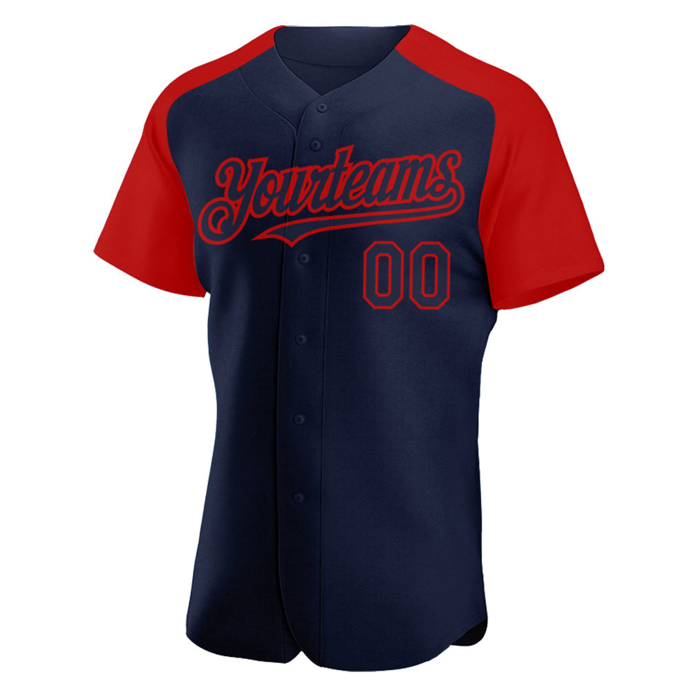 Custom Navy Red Authentic Raglan Sleeves Baseball Jersey view 2