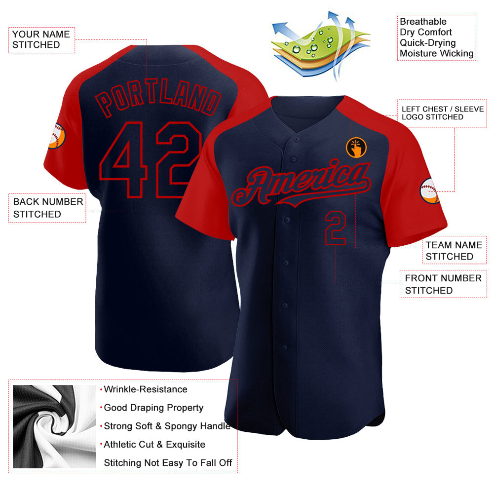 Custom Navy Red Authentic Raglan Sleeves Baseball Jersey view 3