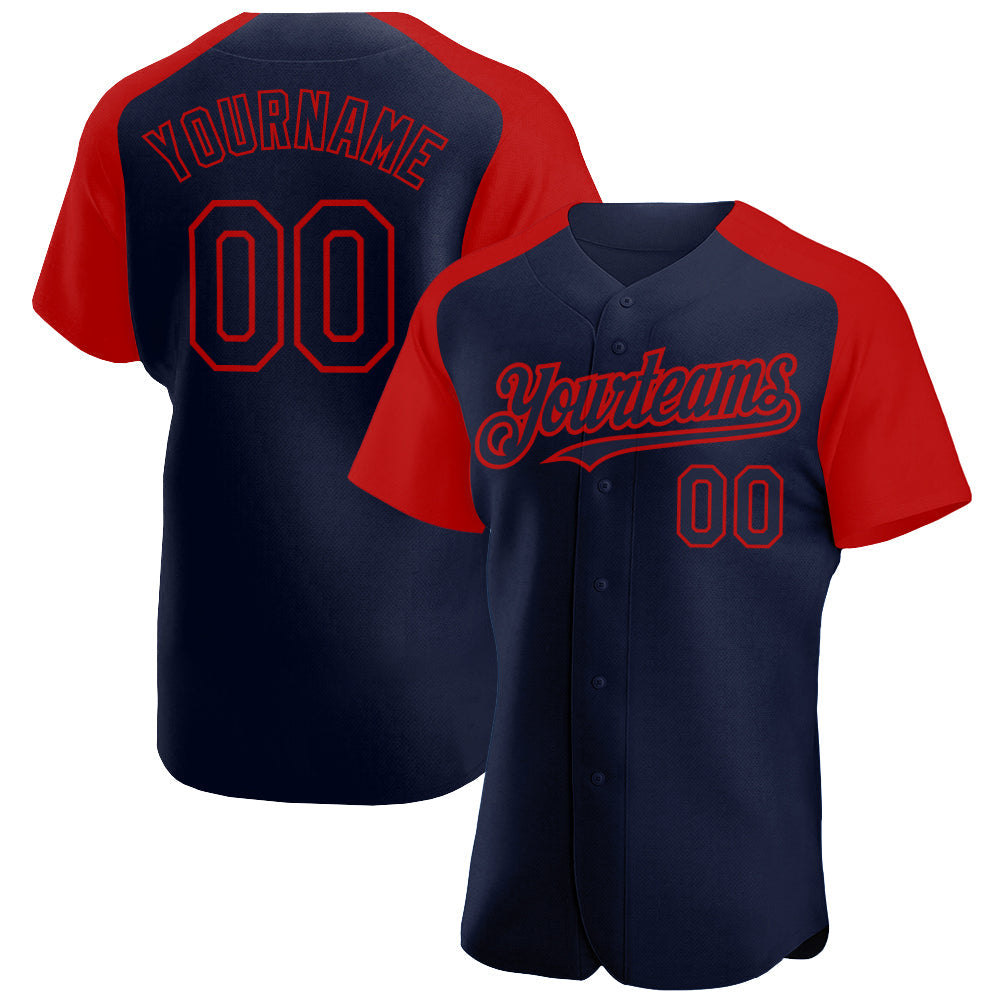 Custom Navy Red Authentic Raglan Sleeves Baseball Jersey - Main View